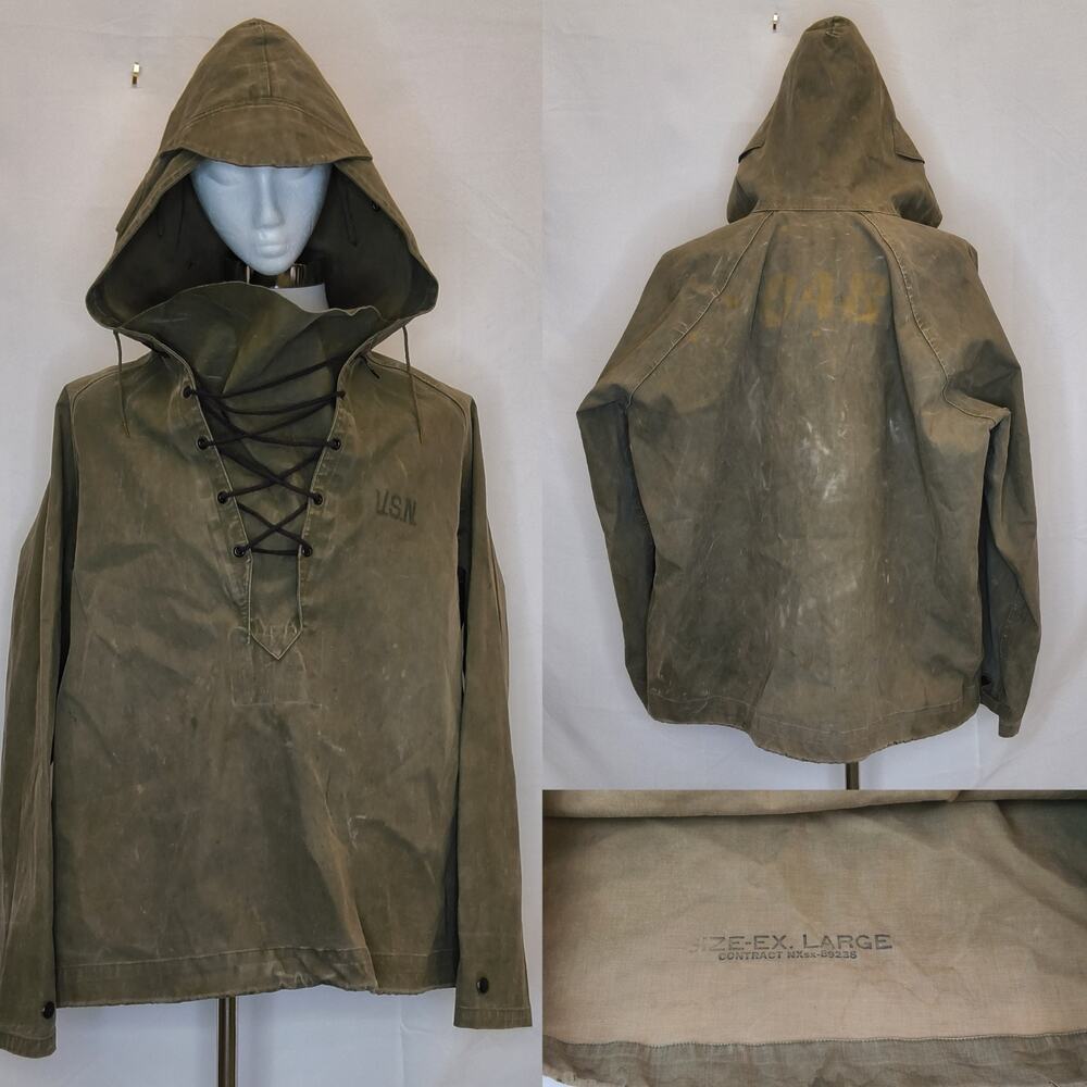 Vintage US Navy Deck Smock Pullover Jacket Mens XL Lace Up Hooded WWII 40s#W5719